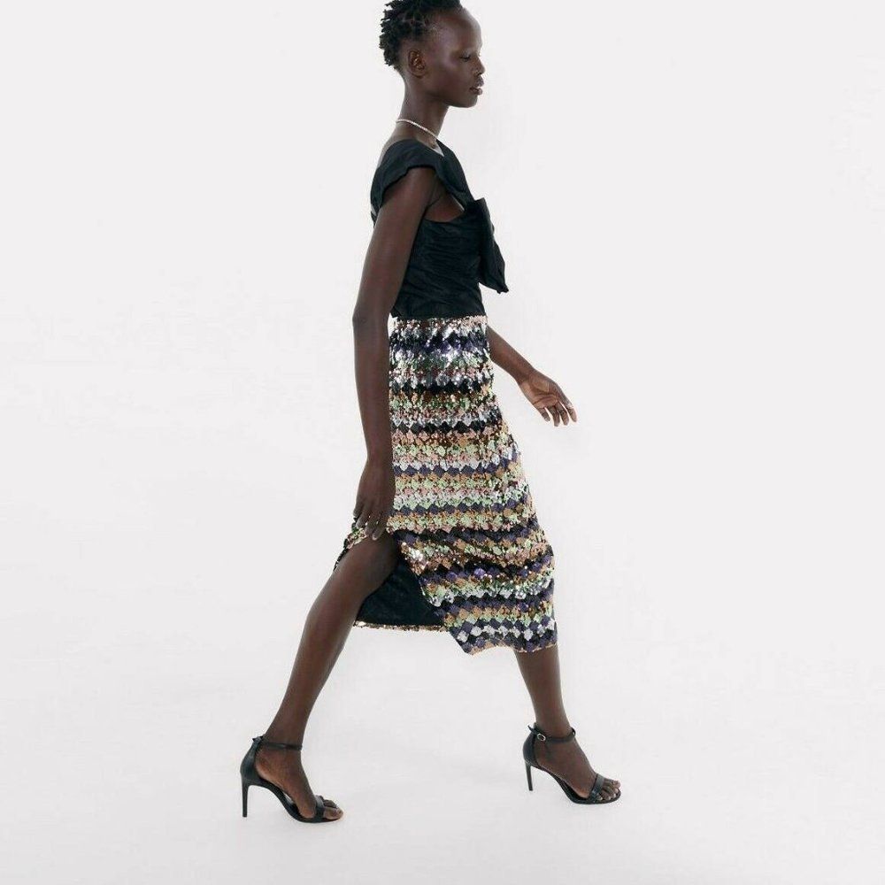 🍍3 For 50🍍Sequin Diamond-Pattern Midi Skirt - Black Multicolor - Picture 2 of 15